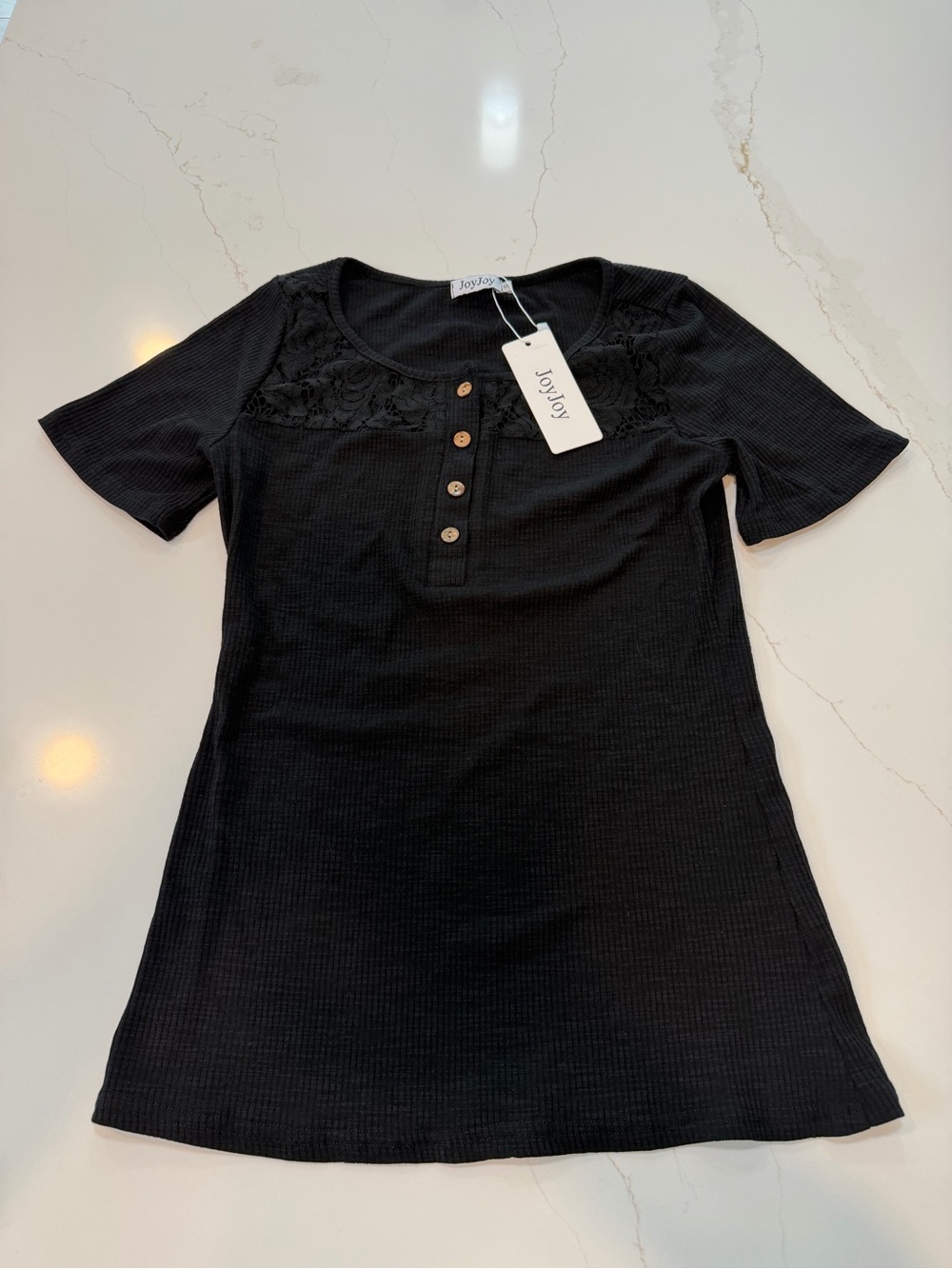 Joy Joy Black Ribbed Henley Top with Lace Yoke #389